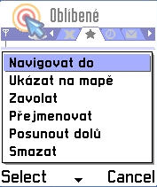 Oblíbené > Navigvat d pr navigaci k vybranému místu ze seznamu. Ukázat na mapě pr zbrazení vybrané plžky seznamu na mapě.