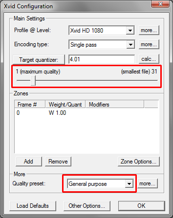 aplikace VirtualDub (zvolit v menu Video -> Compression -> vybrat daný kodek a Configure). Doporučujeme vyzkoušet např. volně dostupný kodek Xvid.