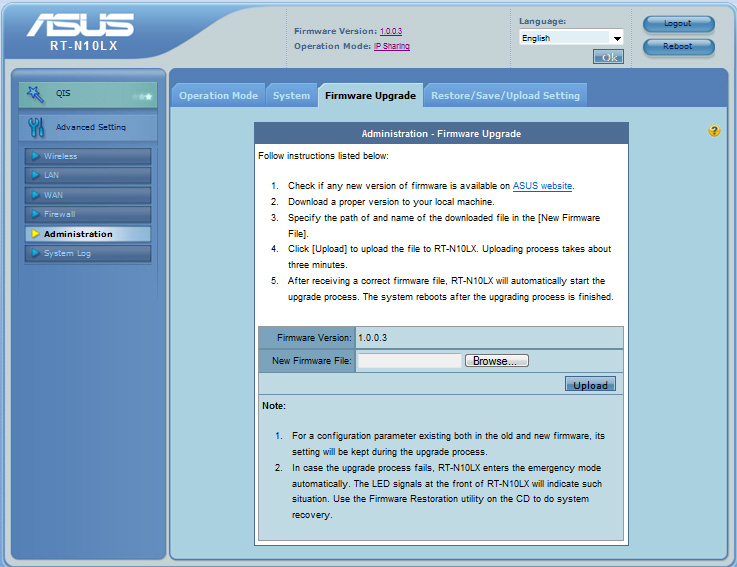 Upgradování firmwaru Poznámka: Stáhněte nejaktuálnější firmware z webu společnosti ASUS na adrese http://www. asus.com Pokyny pro upgradování firmwaru: 1.