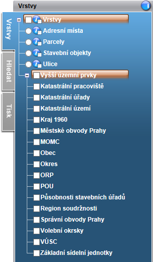 1.5.3. Doplňkové vrstvy Zobrazení těchto vrstev se přepíná v záložce Vrstvy v pravé části mapového okna. Obrázek 10: Přepínání vrstev Nabídka vrstev se zviditelní kliknutím na záložku Vrstvy.