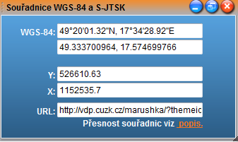Obrázek 21: Určené souřadnice Pro zjištění souřadnic také slouží okno přehledky,