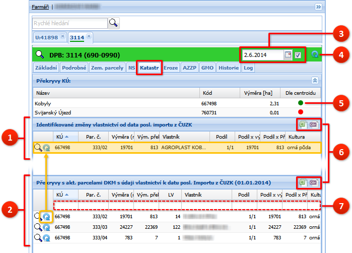 7.1 Popis záložky Katastr v detailu DPB Následující obrázek popisuje informace a funkce, které se nachází na záložce Katastr v detailu DPB. Legenda k obrázku č.