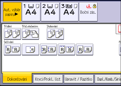 3. Kopírování 1. Stiskněte položku [Dokončování]. 2. Vyberte [Třídění] nebo [Tříd. otočením] a poté stiskněte [OK]. 3. Pomocí číselných tlačítek zadejte počet sad kopií. 4. Vložte originály.