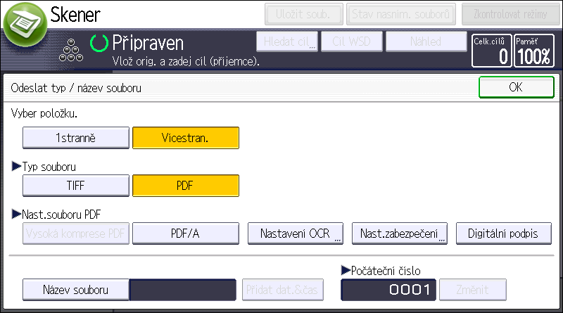 6. Skenování Zadání typu souboru Tato část popisuje postup zadávání typu souboru, který chcete odeslat.