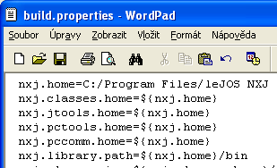 Tím jsme nastavili cestu pro projekt v NetBeans. Další věcí, kterou je potřeba nastavit je cesta k LeJOS balíčkům pro build.xml, pomocí kterého nahraváme program do NXT kostky.