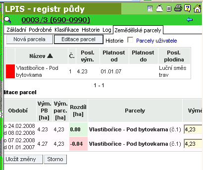 Obrázek 4 Automatické založení parcel 1.5 Úprava výměry parcel Má parcela po jejím zadání před názvem červený čtvereček? Pak jí musíte upravit pomocí tlačítka EDITACE PARCEL na kartě PB/DPB.