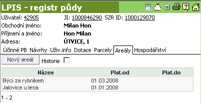 Obrázek 16 Založení areálu Obrázek 17 Seznam pastevních areálů uživatele Nyní přistoupíte k připojení parcel. Postup připojení parcel do pastevního areálu: 1.