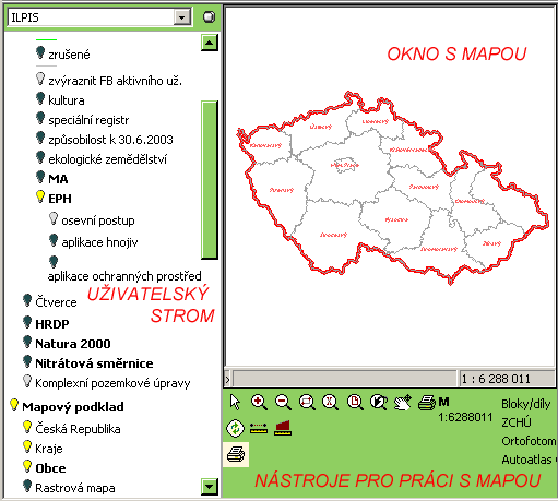 3. Práce s mapou LPIS Obrázek 21 Rozvržení obrazovky 3.1.1 Uţivatelský strom Vzhled mapy (resp.