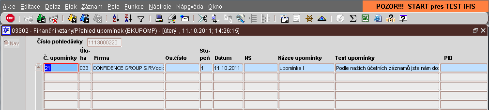 Upomínky přímo z pohledávky Vytvoříme-li upomínku k nějaké pohledávce, zaktivní se