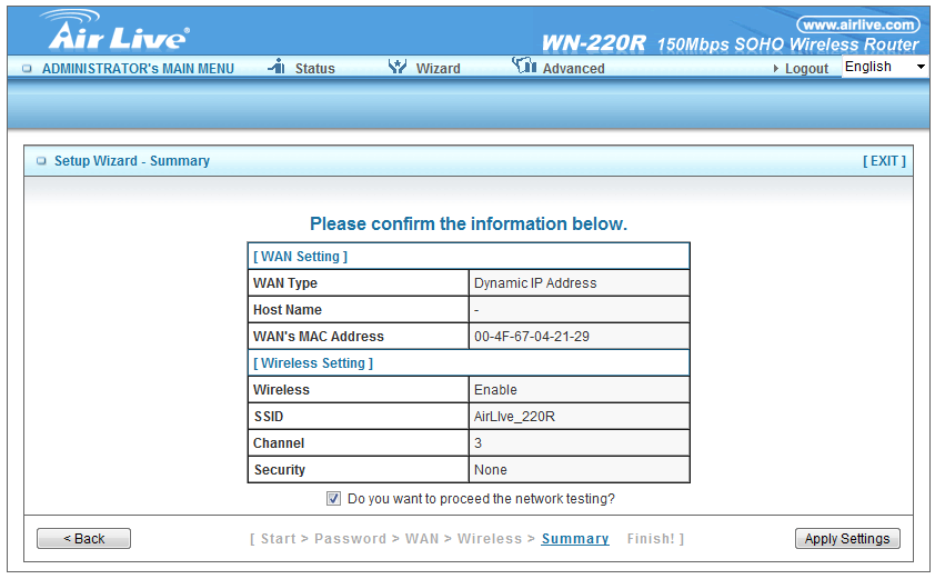 Nastavení připojení internetu. Doporučujeme použít druhou volbu získat IP adresu automaticky. Klikněte next. Zde uvidíte přehled nastavení WN-220R.