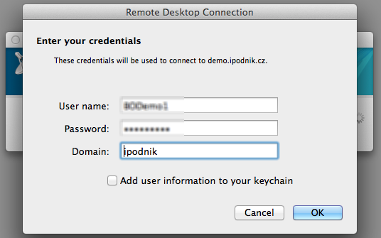 Do nového dialogového okna vyplňte Vaše přihlašovací údaje: uživatelské jméno: XXXxxxxX heslo a název domény je