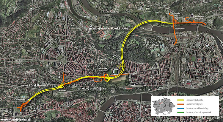 4 KAPITOLA 2. ZÁKLADNÍ ÚDAJE O TUNELU Obrázek 2.1: Přehledová mapka vedení trasy tunelu Blanka v městských částech Prahy [19] 2.