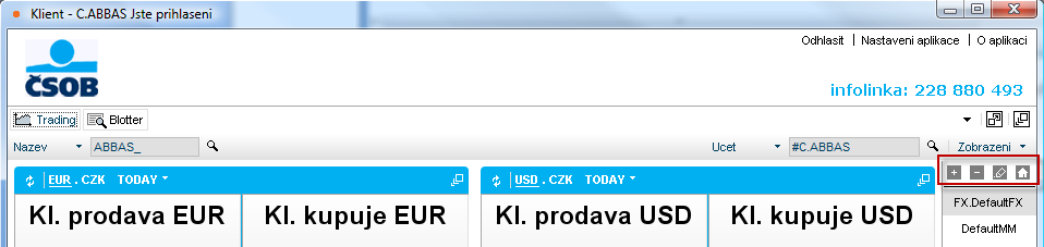 Dodatečné funkce/nastavení (použitelné pouze v případě STREAMING verze apletu) Záložky zobrazovaných kurzů/měn Stejně jako v předchozí verzi aplikace je možno vytvářet záložky pro vybrané zobrazení