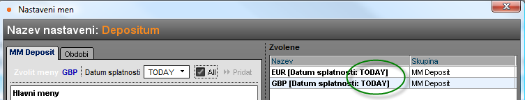 U instrumentu MM na záložce vyberu měnový pár, zvolím předvolenou splatnost obchodu (start date) deposita pro danou měnu (výchozí hodnota je TODAY) a přidám měnový pár.