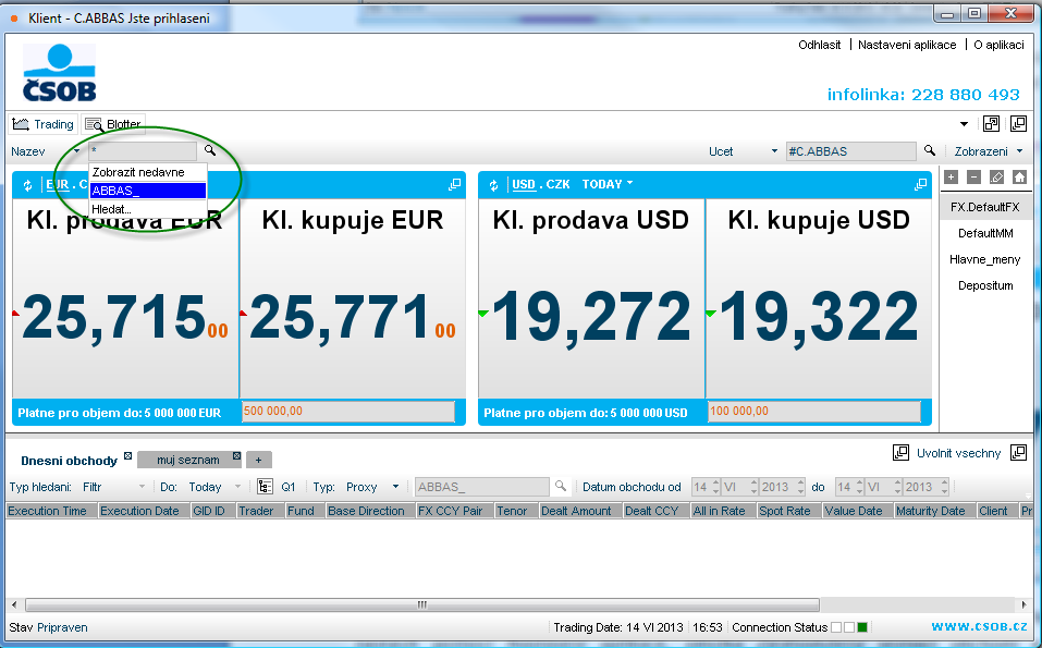 Jednorázové nastavení při prvním přihlášení V případě, že při prvním přihlášení nebude na záložce Trading v poli Název nastaven Váš klientský účet, je třeba si ho jednorázově nastavit