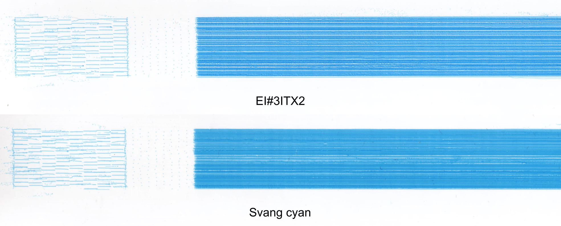 Obr. 29 Detail testovacích obrazců vytištěných inkousty EL#3ITX2 a Svang cyan na syntetický papír Synaps (viz tab. 4 na str. 35) tisku.