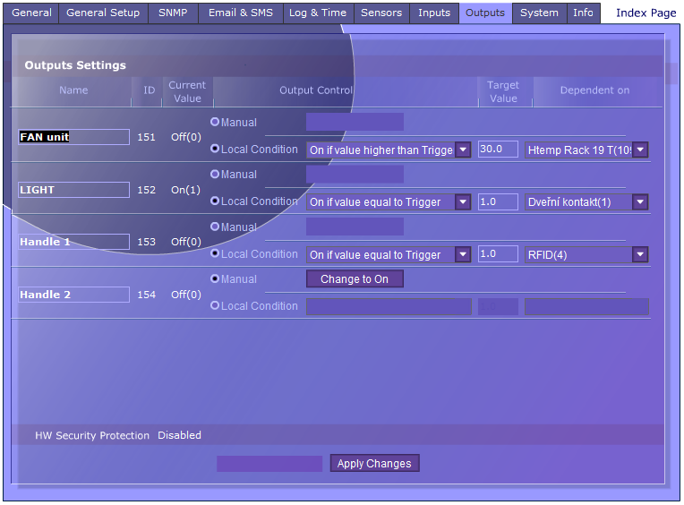 Outputs Zvolte režim výstupu Manual mode: Ovládání výstupu přes WEB nebo M2M protokoly Local Condition mode: Spínání výstupu podle senzoru Htemp Rack 19 při teplotě nad 30 C.