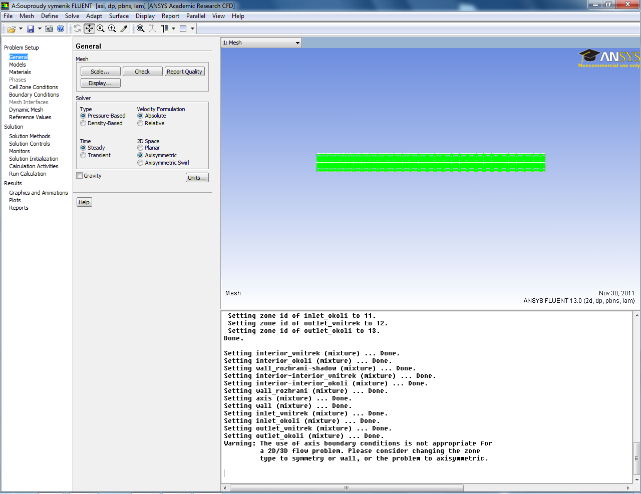 26 Program ANSYS FLUENT spustíte obdobným způsobem jako předchozí programy v bloku tedy pravým dvojklikem myši na položku Setup. Když se program spustí, na obrazovce se zobrazí vysíťované těleso.