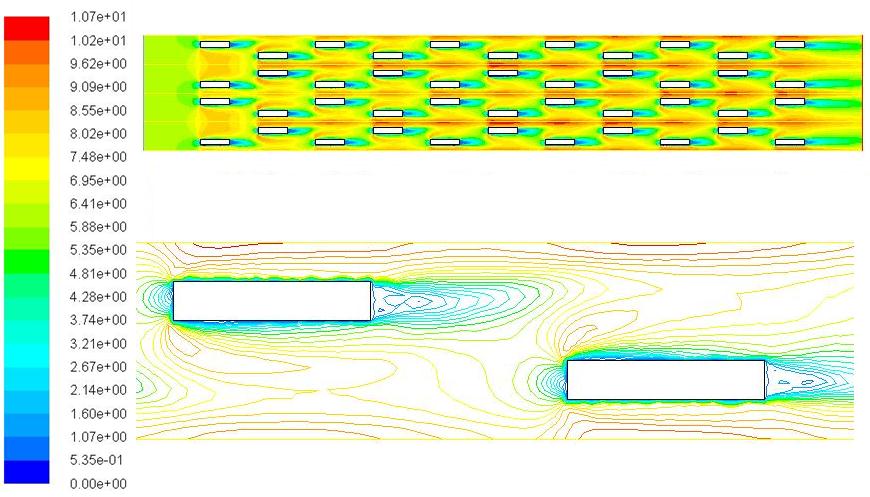 38 Příklad výsledků k porovnání: Obrázek 4.6: Kontury proudového pole s detailem na desky kde je patrné odtržení proudu za jejich hranou.