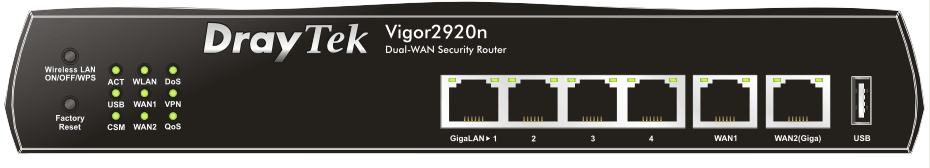 2.4 Vigor2920n Indikační LED Stav Popis ACT (Activity) bliká Router je zapnut a pracuje správně nesvítí Router je vypnutý DoS svítí Funkce DoS/DDoS je aktivní bliká Odrážení útoků CSM svítí Je