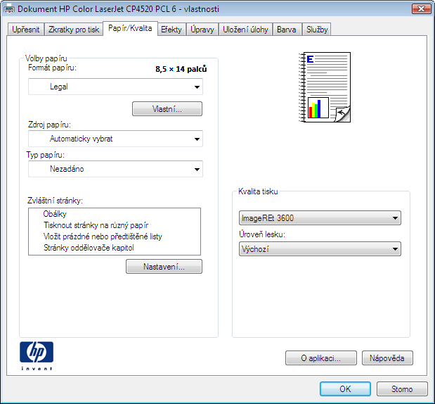2. Vyberte produkt a pak klikněte na tlačítko Vlastnosti nebo Předvolby. 3. Klikněte na kartu Papír/Kvalita. 4.