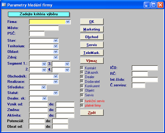 1.3 3 Karta firmy Po kliknutí se otevře tabulka z parametry hledání firmy. Podle výběrových kritérií vybereme zvolenou firmu a potvrdíme tlačítkem OK, následně se nám otevře Základní karta firmy.