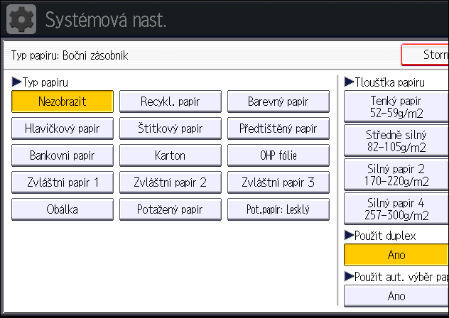 Vkládání papíru do bočního zásobníku 1. Stiskněte tlačítko [Nástroje uživatele/počitadlo]. 2. Stiskněte [Nastavení zás. papíru]. 3. Stiskněte tlačítko [ Další]. CJS039 4.