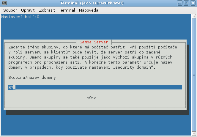 Obrázek 11 Volba jména skupiny Samby 4.6 Konfigurace Hlavním konfiguračním souborem Samby je /etc/samba/smb.conf. Syntaxe jeho zápisu je totožná s konfiguračním souborem Postfixu /etc/postfix/main.