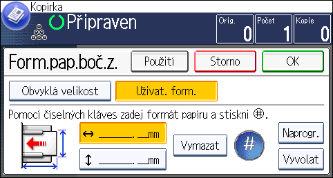 3. Kopírování Kopírování na obálky Tato kapitola popisuje kopírování na obálky běžného i uživatelského formátu. Obálky by se měly podávat z bočního zásobníku.