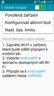 19 z 34 Zap./Vyp. přístupového bodu Nastavení. Vyberete možnost Sdílení připojení k internetu. 3. Dále zvolíte Mobile hotspot. 4.