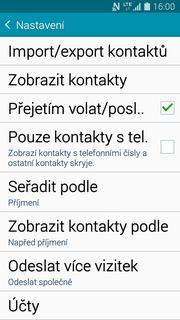 4 z 34 Kopírování ze SIM karty do telefonu Kontakty. Stisknete Možnosti a zvolíte Nastavení. 3. Dále vyberete možnost Kontakty. 4. Poté zvolíte Import/Export kontaktů.