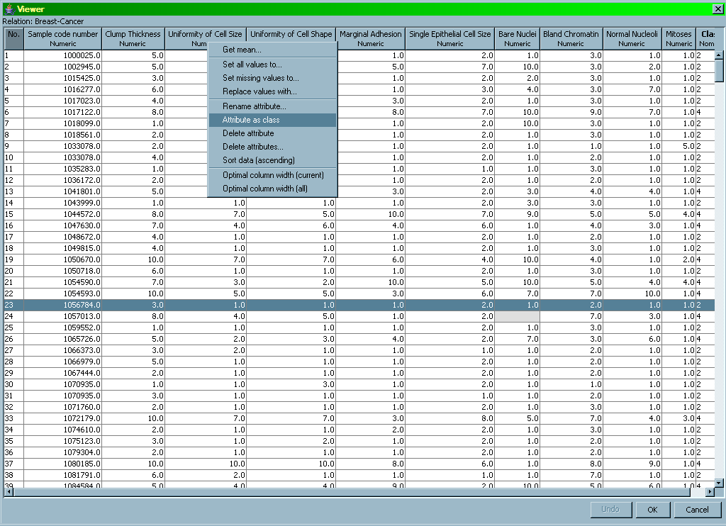 WEKA obsahuje i editor dat typu spreadsheet, který nemá