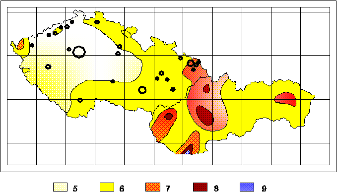 Mapa seismického ohrožení České republikjy a Slovenské republiky Očekávané maximální účinky zemětřesení na území České republiky a