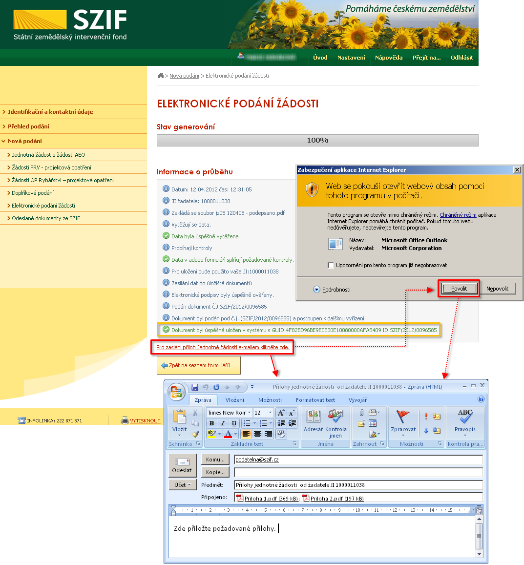 Po stisku Odeslat se zobrazí se informace o průběhu nahrávání a následně o úspěšném odeslání souboru. Pokud by se Vám odeslání nezdařilo, kontaktujte mimořádnou podporu, tel.: 221 812 862.