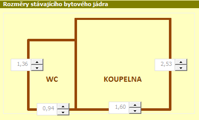Rekonstrukce bytových jader ReByJ 11 Obr. 5 Zadání rozměrů dveří a vybavení jádra. Obr. 6 Rozměry stávajícího bytového jádra. Po vyplnění údajů o stávajícím stavu se přejde k navrhovanému řešení.