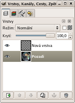 14. ZPRACOVÁNÍ OBRAZŮ POMOCÍ POČÍTAČE 14.4. GIMP GNU Image Manipulation Program Přepínání vrstev, kanálů, Editační okno Kreslící nástroje Záložky pro přepínání jednotlivých dialogů.