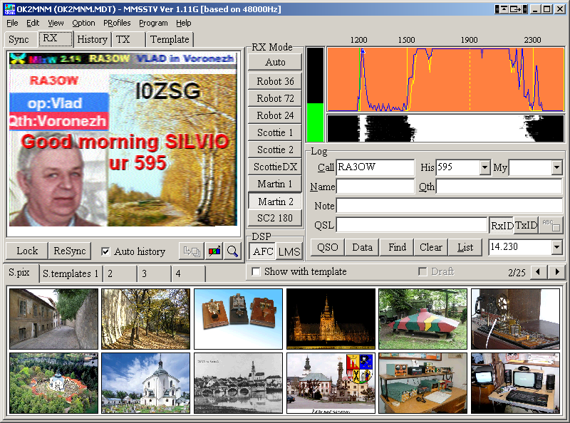 7. PROVOZ POMOCÍ POČÍTAČE 7.6. Softwarové vybavení pro Windows Přepínání oken Výběr a indikace SSTV módu Ladící indikátor Staniční deník Připravené snímky Připravené texty Aut.