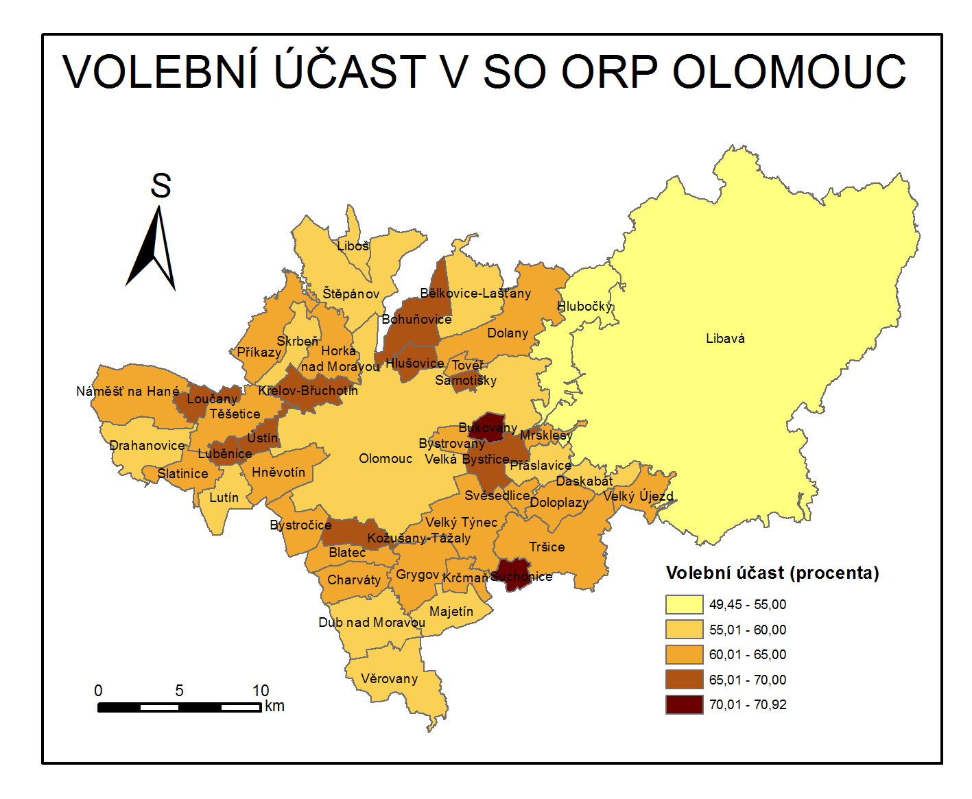 6.2 Volební účast a podpora v SO ORP Olomouc Nejvyšší volební účast v SO ORP Olomouc zaznamenaly obce Suchonice (70,92 %) a Bukovany (70,54 %). Naopak nejnižší 49,45 % získal Vojenský újezd Libavá.