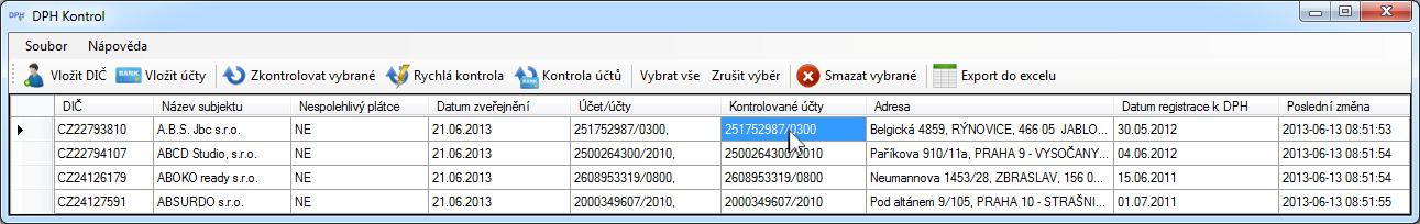 b) Stávajících subjektů Vložení kontrolovaných účtů k již existujícím záznamům provedete dvojím poklepáním na buňku daného subjektu ve sloupci Kontrolované účty Otevře se Vám okno Kontrolované účty