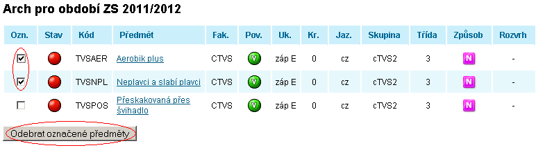 V případě, že se pokusíme zaregistrovat více než 1 předmět, zčervenají ikony ve sloupci Stav u obou kurzů a v tomto stavu nebude platn{ registrace ani jednoho z nich, i když jsme u prvního již