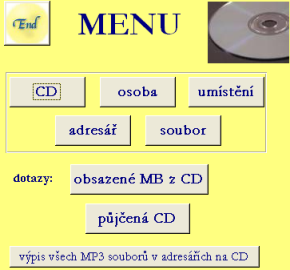 CD - primární klíč: ID cd - další atributy: size busy MB (zaplněné místo na CD v MB), code (popisek na CD), location (cizí klíč pro vazbu na umístění), action (cizí klíč pro vazbu na výpůjčku),