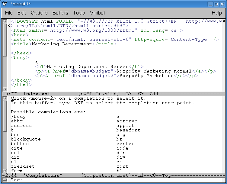 KAPITOLA 4. ANALÝZA 29 Obrázek 4.1: Screenshot programu Emacs Zhodnocení JednáseovelmimocnýeditorsnejlepšípodporouXMLschématzevšechzdeuvedených editorů.