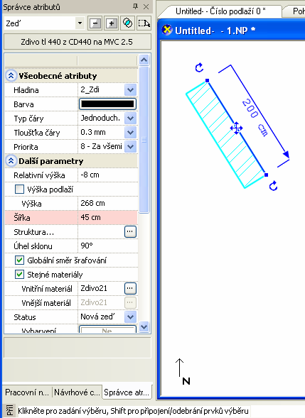 3.4. Modifikace prvku Parametry všech prvků umístěných na pracovní ploše lze měnit (modifikovat). Klikněte na zeď (můžete jak v půdoryse, tak v pohledovém okně).