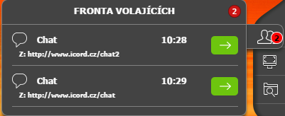 4.7 Fronta volajících Ve frontě volajících se Vám řadí klienti podle času vstupu. Na obrázku je vidět, z kterých vstupů (Chat) klient přichází.