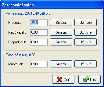 Přesčas určí kolik hodin salda se má použít jako přesčasové hodiny. Nadúvazek určí kolik hodin salda se má použít jako nadúvazek.