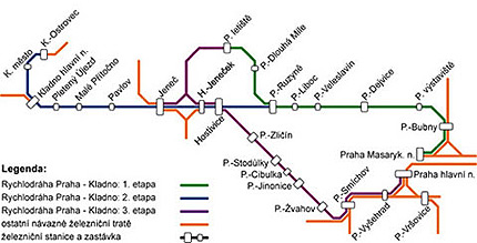 a výstavbu zcela nové odbočné trati na ruzyňské letiště. V území Hlavního města Prahy je na trati předpokládáno devět stanic a zastávek: 1.