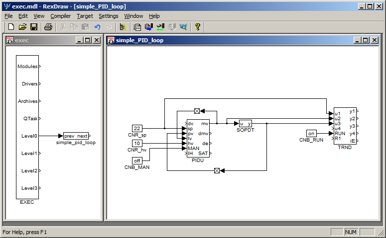 Tímto postupem jsme vytvořili exekutivu exec.mdl a příslušný algoritmus řízení v souboru simple_pid_loop.mdl. Jedná se o PID regulaci systému druhého řádu s dopravním zpožděním.