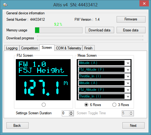 Always on data se začínají ukládat hned po inicializaci výškoměru. RC trigger Altis v4 je připojený na kanál přijímače, který odpovídá některé páčce na vysílači.