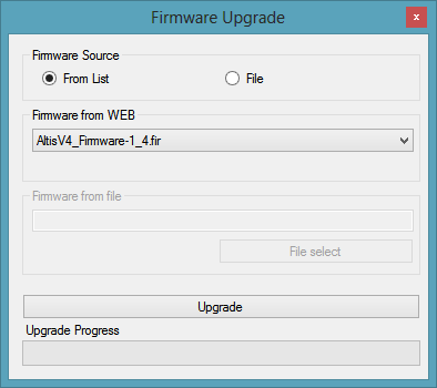 Obr. 13: Okno aktualizace firmware Typy firmware Pro výškoměry Altis v4 jsou dva typy firmware. Jeden je označený F5J a plně vyhovuje pravidlům FAI F5J, přičemž ale neumožňuje žádné jiné nastavení.
