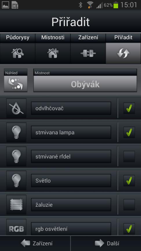 Přidané zařízení které lze upravovat Po přidání místností a všech zařízení ještě musíte zařízení přiřadit k místnostem v kterých se nacházejí, což samozřejmě není podmínka a zařízení můžete libovolně